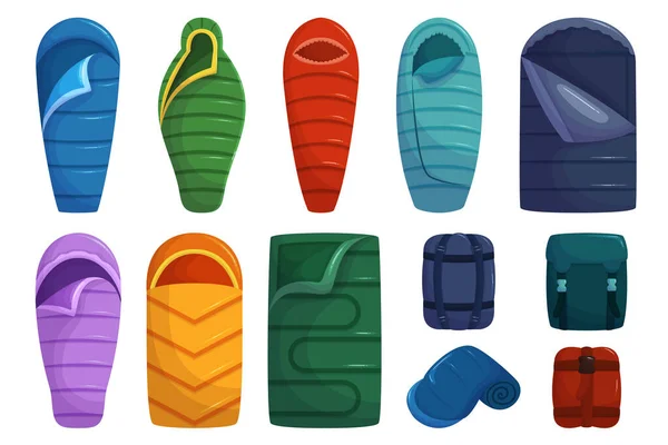 Set Schlafsäcke Verschiedenen Farben Und Größen Ideal Für Outdoor Zelten — Stockvektor
