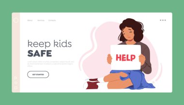 Çocukların Güvenli İniş Şablonu. Genç Kız Karakteri Aile İçi Şiddet Konusunu Anlatan Yardım Bayrağını Tutuyor. Aile içi istismardan kurtulanlara destek 