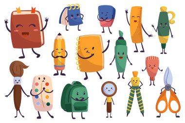 Okul Malzemeleri Sevimli Karakterler Ders Kitabı, Not Defteri, Silgi ve Cetvel. Kalem, Kalem, Boya Fırçası ve Boya, Sırt Çantası, Pusula ve Loupe. Makas, fosforlu kalem, bileyici. Çizgi film Vektör İllüstrasyonu