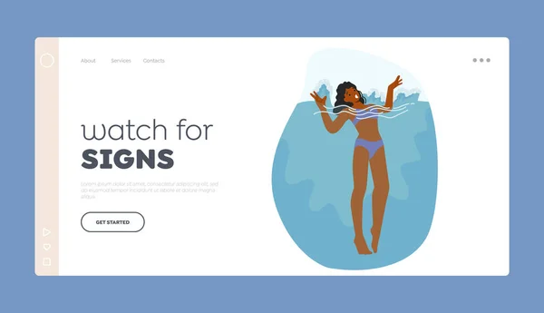 Horror Drowning Landing Page Template Woman Character Submerges Underwater Struggling — Stock Vector