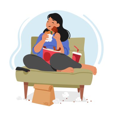 Aşırı kilolu kadın yeme takıntısı tarafından tüketiliyor, dürtülerini kontrol edemiyor ve hayatında bir denge bulamıyor. Fast food 'la koltukta oturan kadın karakter. Çizgi film İnsanları Vektör İllüstrasyonu