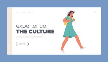 Kültür İniş Sayfası Şablonunu Deneyin. Sırt çantalı Genç Turist Kadın Karakteri. Görüntü, macera ve keşif duygusunu çağrıştırıyor. Çizgi film İnsanları Vektör İllüstrasyonu