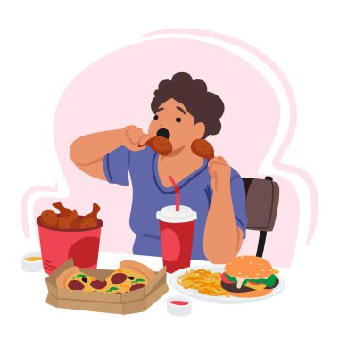 Saplantılı bir yeme bozukluğu olan karakter, bağımlılığıyla mücadele eder, yemeği duygusal acısı için bir başa çıkma mekanizması olarak kullanır. Açgözlülükle Fast Food yiyen kadın. Çizgi film İnsanları Vektör İllüstrasyonu