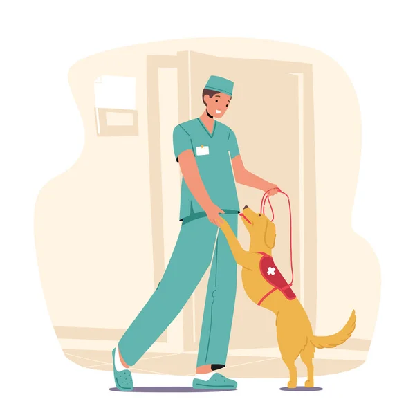 Doctor Male Character Playfully Engages Guide Dog Fostering Strong Bond — 스톡 벡터