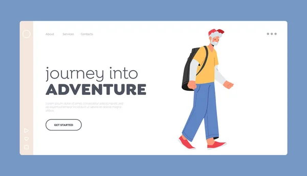 Gammal Person Engagerad Adventure Journey Landing Page Template Senior Tourist — Stock vektor