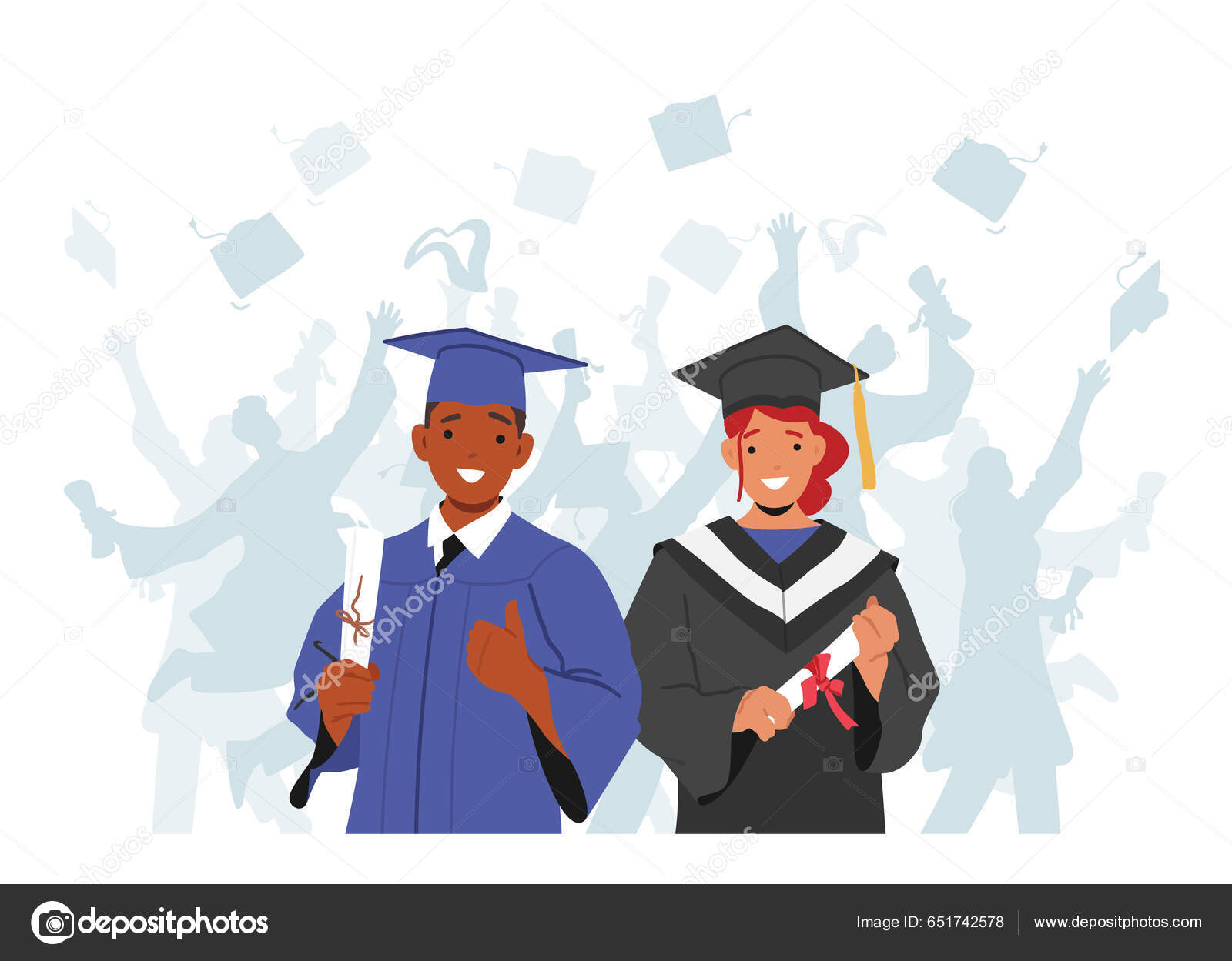 Ευτυχισμένο Κορίτσι Και Αγόρι Απόφοιτοι Τις Στολές Και Καπέλα Αποφοίτησής  Διανυσματικό Αρχείο από ©lemono651742578