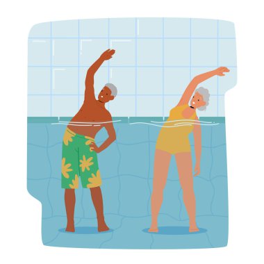 Kıdemli karakterler havuz egzersizi, Aqua Aerobik sınıfına katılırken gülümseme, aktif ve sağlıklı kalmak için spor ve genel sağlık durumlarını iyileştirme. Çizgi film İnsanları Vektör İllüstrasyonu