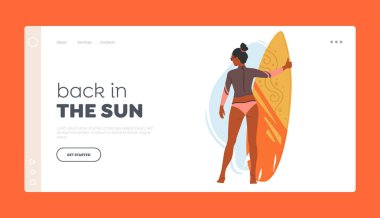 Sörf Eğlencesi İniş Sayfa Şablonu. Plajda Ellerinde Sörf Tahtası, Arka Görünümü, Seyahat Etme veya Plajla İlgili İçeriği Destekleyen Genç Kadın Karakteri. Çizgi film İnsanları Vektör İllüstrasyonu