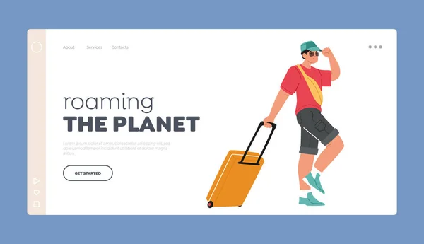 Roaming Planet Landing Page Template Inglês Jovem Personagem Turística Caminhando —  Vetores de Stock
