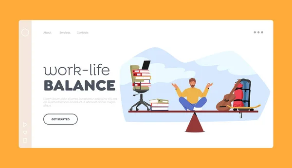 Work Life Balance Landing Page Template Inglês Homem Personagem Meditar —  Vetores de Stock