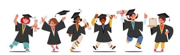 Graduate Kids Characters Celebrate Academic Success Big Smiles Caps Air - Stok Vektor