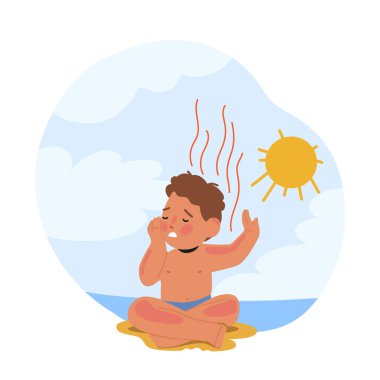 Güneş yanığı, acı, rahatsızlık ve kızarıklık yaşayan, plajda güneşe fazla maruz kalan mutsuz çocuk karakteri. Çizgi film İnsanları Vektör İllüstrasyonu