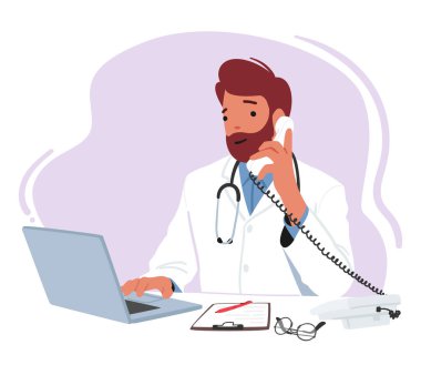 Masasında dizüstü bilgisayarla oturan, hasta dosyalarını inceleyen, ilaç yazan ve iş arkadaşlarıyla telefonla iletişim kuran olgun erkek karakter doktoru. Çizgi film İnsanları Vektör İllüstrasyonu