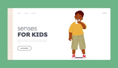 Çocukların İniş Şablonu Duyuları. Küçük Çocuk Karakteri Ağız Çizimini Gösteriyor. İnsan Beş Duyulu Organlar Konsepti, Çocuk İnsan Vücudunun Harikalarını Keşfeder. Çizgi film İnsanları Vektör İllüstrasyonu