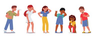 Çocuk karakterler aşırı sıcaktan muzdarip. Kırmızı Yüzlü Çocuklar, Ter, Susuzluk, Rahatsızlık, Yorgunluk. Sıcaklık tehlikesi, suya ihtiyaç, soğutma. Çizgi film İnsanları Vektör İllüstrasyonu