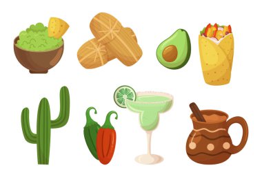 Kalın ve Baharatlı Meksika Yemekleri, Tamales Gibi Tabaklar, Nachos, Limonata, Avocado ve Jalapeno Pepper ile Burrito ve Kaktüs. Çizgi film Vektör İllüstrasyonu