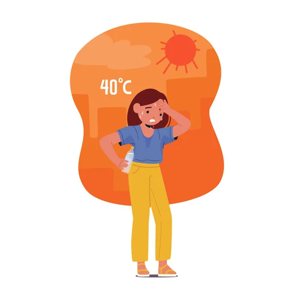 女の子のホットと汗 顔をフラッシュ 自分自身をファニング そして 白の背景に隔離された熱から冷却するために日陰を求めて 漫画人ベクトルイラスト — ストックベクタ