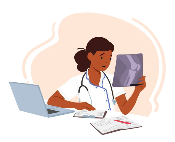 Genç Bir Kadın Doktor Dizüstü Bilgisayarla Masada Oturuyor Hasta Röntgen — Stok Vektör