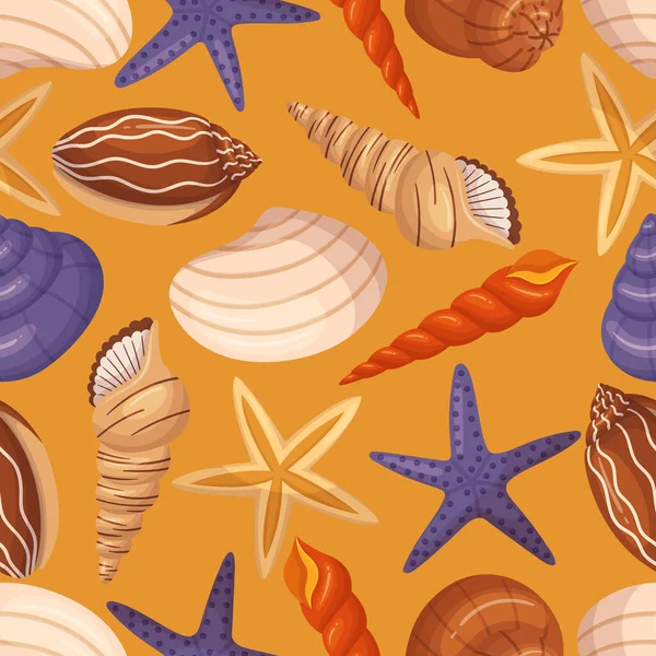 stock vector Seamless Pattern with Seashells And Starfishes In Vibrant Colors, Creating Playful And Charming Marine-themed Design For Textiles, Wallpapers, And Decorative Elements. Cartoon Vector Illustration