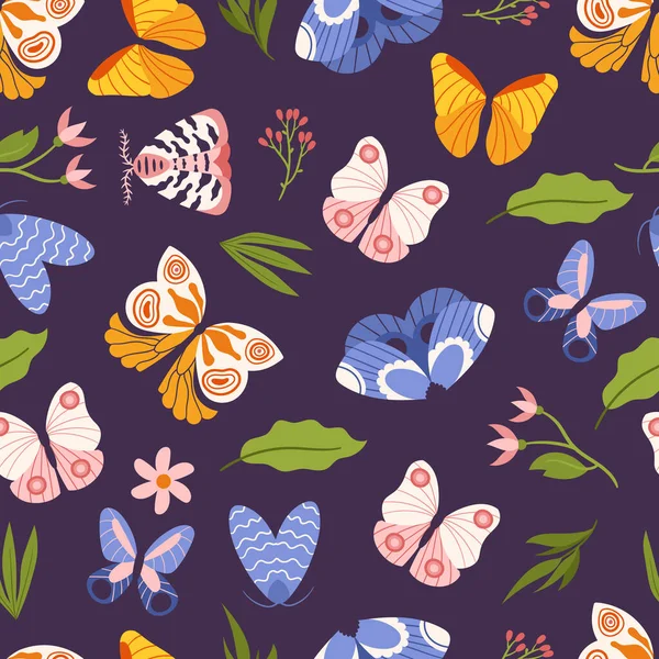Seamless Pattern Butterflies Moths Flowers Creating Enchanting Naturalistic Design Repeating — Stock Vector