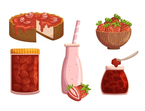 Tatlı Sulu Red Strawberry Bowl Dessert Smoothie Pie Jam Vitamin — Stok Vektör