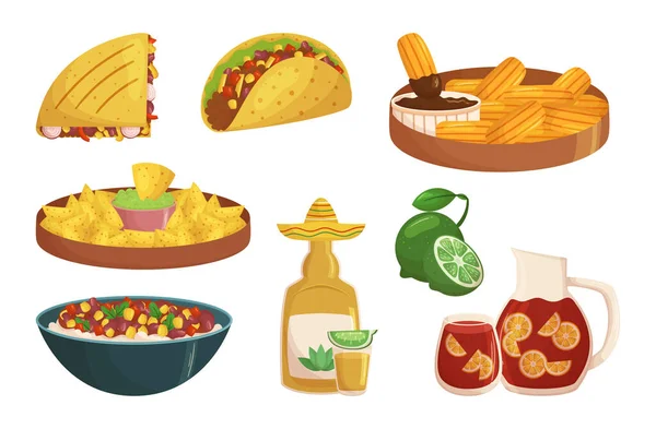 Ensemble Repas Mexicains Savoureux Tacos Épicés Ceviche Tangy Enchiladas Salées — Image vectorielle