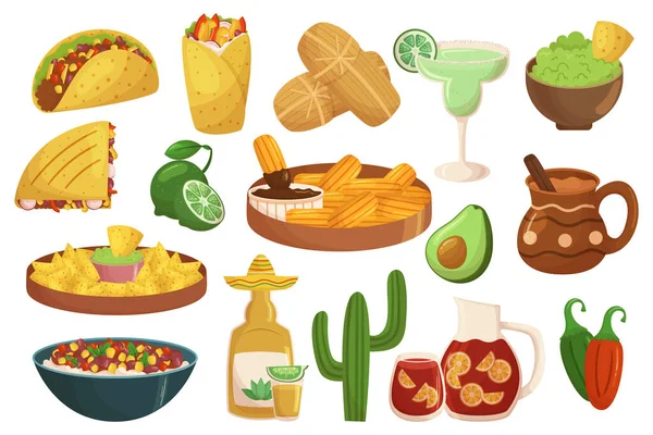 Σετ Μεξικάνικων Γευμάτων Και Ποτών Jalapeno Peppers Φασόλια Tacos Enchiladas — Διανυσματικό Αρχείο