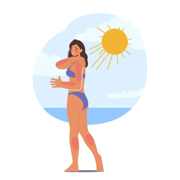 Жінка Відчуває Шкіру Засмагає Пляжі Через Надмірну Експозицію Сонця Шкіра — стоковий вектор