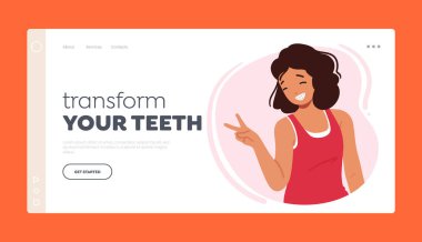 Diş İniş Sayfası Şablonunuzu değiştirin. Diş teli takan mutlu kadın karakter ışıltılı bir gülümseme sergiliyor. Yeni Bulunmuş Diş Güzelliğini Gösteren Genç Kadın. Çizgi film İnsanları Vektör İllüstrasyonu