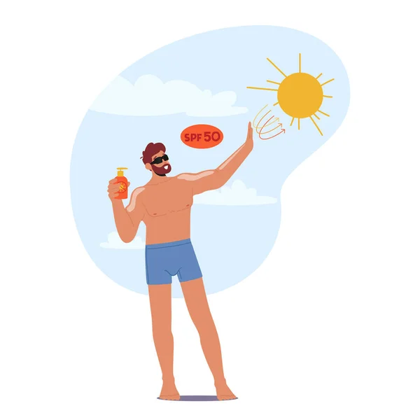 Adam Plaj Gününün Tadını Çıkarırken Cildini Zararlı Işınlarından Korumak Için — Stok Vektör