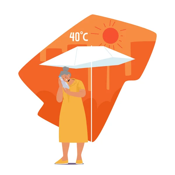 シニア女性キャラクターは 熱不快感を経験し 暖かく 汗を感じ 水ボトルで自分自身を冷却し 高温からの救済を求めています 漫画人ベクトルイラスト — ストックベクタ