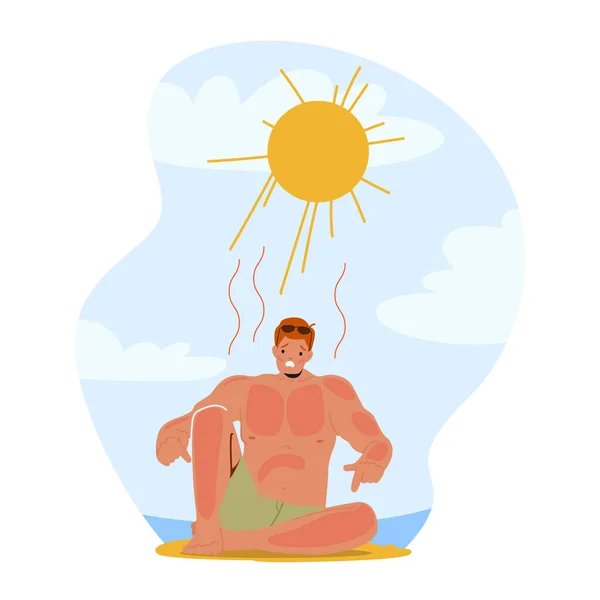 Man Grimacing Pain Sunburn Beach Red Inflamed Skin Seeking Relief — Vetor de Stock