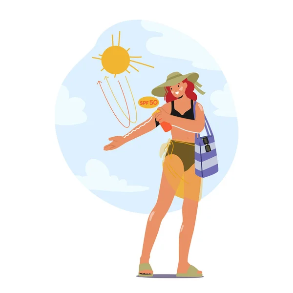Postać Kobiety Stosuje Krem Filtrem Przeciwsłonecznym Plaży Używając Rąk Masowania — Wektor stockowy