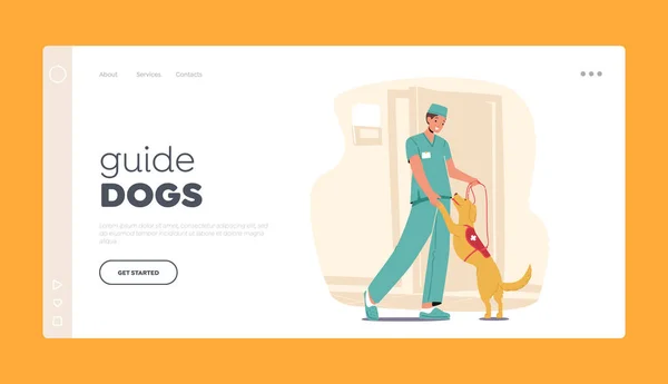 Guide Dogs Landing Page Template Doctor Man Karakter Speels Engages — Stockvector