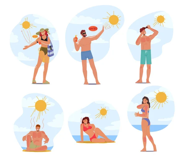 Personaggi Maschili Femminili Sulla Spiaggia Con Scottature Dolore Arrossamento Desquamazione — Vettoriale Stock