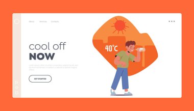 Isı Vuruşu İniş Sayfa Şablonu. Susuz kalmış ve sersemlemiş bir çocuk karakteri sıcak bir yaz gününde dışarıda oynarken sıcaktan yere yığıldı. Çocuk su içer. Çizgi film İnsanları Vektör İllüstrasyonu