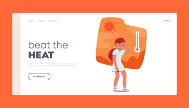 Isı İniş Sayfası Şablonunu Yen. Küçük kız karakteri, yaz günündeki kavurucu sıcaktan dolayı sürekli ağlıyor ve terliyor. Rahatsızlıktan kurtulmak için yardım arıyor. Çizgi film İnsanları Vektör İllüstrasyonu