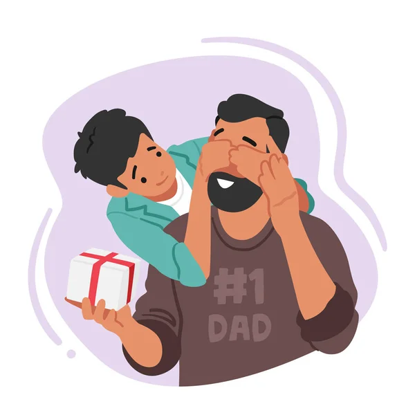息子は父を驚かせ 目を閉じ 父の日または誕生日のためのギフトを与える 父と息子の間で共有される心温まる瞬間 家族を愛するキャラクター 漫画人ベクトルイラスト — ストックベクタ