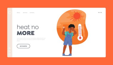 Isı İniş Sayfası Şablonu Yok. Rahatsızlık içinde terleyen ve ağlayan küçük çocuk şişeden son damla su almaya çalışırken sıcaktan bitkin düşüyor. Çizgi film İnsanları Vektör İllüstrasyonu