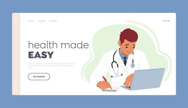 Sağlık Hizmetleri İniş Şablonu. Masasında dizüstü bilgisayarı olan genç bir erkek doktor hasta bakımı için modern teknoloji kullanıyor. Profesyonelce, etkili bir tıbbi uygulama. Çizgi film Vektör İllüstrasyonu