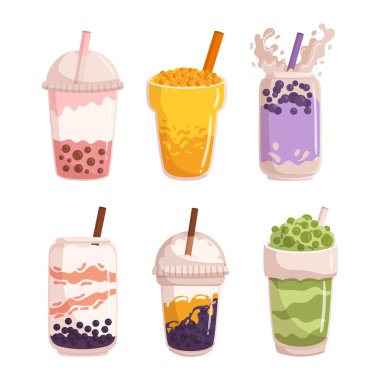 Balonlu çay seti çeşitli çay çeşitleri, Tapioca incileri ve eğlenceli ve tazeleyici içecek deneyimleri içerir. Popüler Asya İçeceklerinin tadını çıkarmak için mükemmel. Çizgi film Vektör İllüstrasyonu