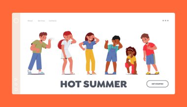 Sıcak Yaz İniş Sayfası Şablonu. Çocuk karakterler aşırı sıcaktan muzdarip. Kırmızı Yüzlü Çocuklar, Ter, Susuzluk, Rahatsızlık, Yorgunluk. Çizgi film İnsanları Vektör İllüstrasyonu