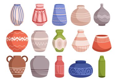 Çeşitli şekillerde ve boyutlarda renkli seramik vazolar. Çiçekleri ve yaprakları sergilemek için mükemmel. Her odaya renk ve tarz katmak için ideal bir yer. Çizgi film Vektör İllüstrasyonu