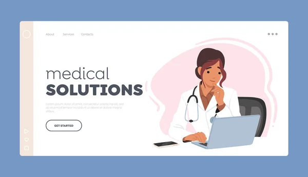 Medische Oplossingen Landing Page Template Jonge Vrouwelijke Doctor Karakter Zitten — Stockvector