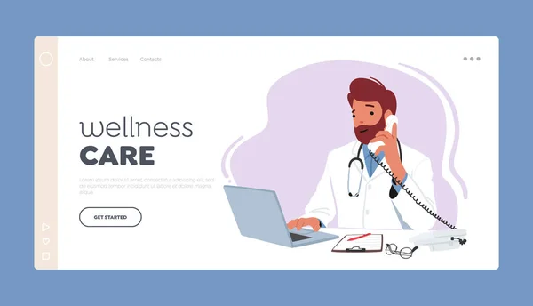 Wellness Care Landing Page Template Volwassen Mannelijke Karakter Dokter Zit — Stockvector