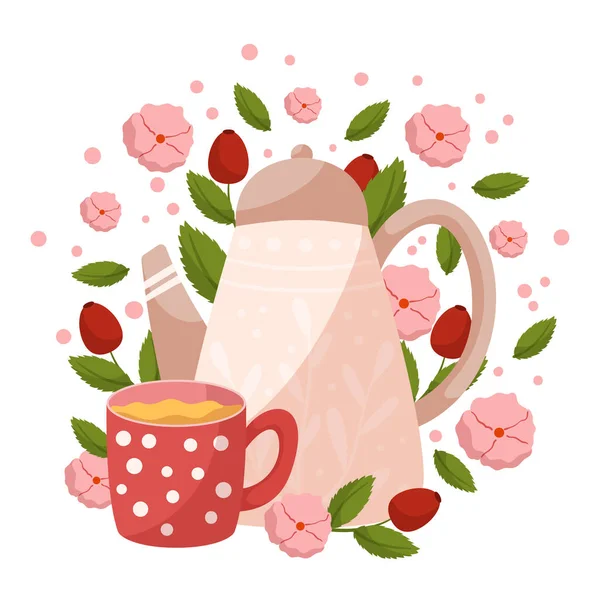 玫瑰蜂茶是由玫瑰植物的干果制成的 它有焦糖 维生素C含量高 它能减少炎症 改善免疫功能 卡通矢量图解 — 图库矢量图片
