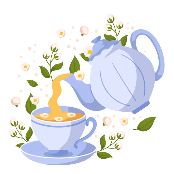 茉莉花茶是一种用绿茶或红茶叶用茉莉花香味制成的香醇饮料 它具有精致 回味醇厚的味道 卡通矢量图解 — 图库矢量图片