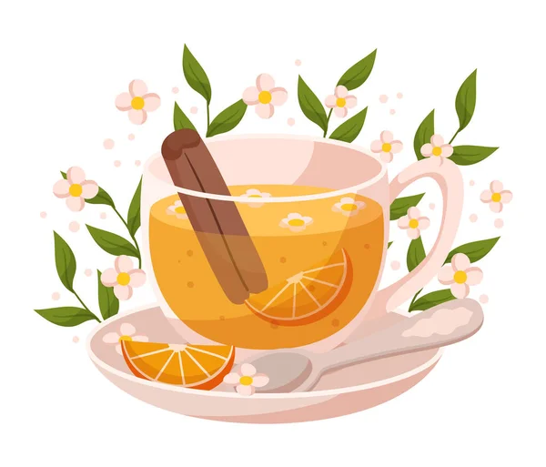 橙子和肉桂茶在杯中 结合柑橘类和肉桂香味的美味香醇饮料 它对于那些享受温暖和舒适的饮料的人来说是完美的 卡通矢量图解 — 图库矢量图片