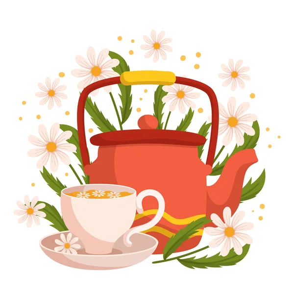 洋甘菊茶在壶和杯 从洋甘菊属植物的干花中注入无钙草本植物 它以其舒缓性和舒缓性而闻名 卡通矢量图解 — 图库矢量图片