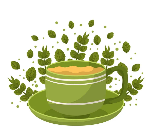 薄荷茶是将新鲜薄荷叶浸入热水中 使其焕然一新 充满香味的饮料 它具有冷却和舒缓的效果 对消化问题有自然的补救作用 卡通矢量图解 — 图库矢量图片
